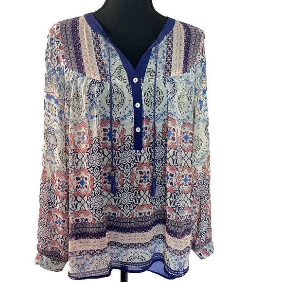 Daniel Rainn Sweaters - DR2 Daniel Rainn Top Womens Medium Floral Boho Peasant Roll Tab Flowy Blouse